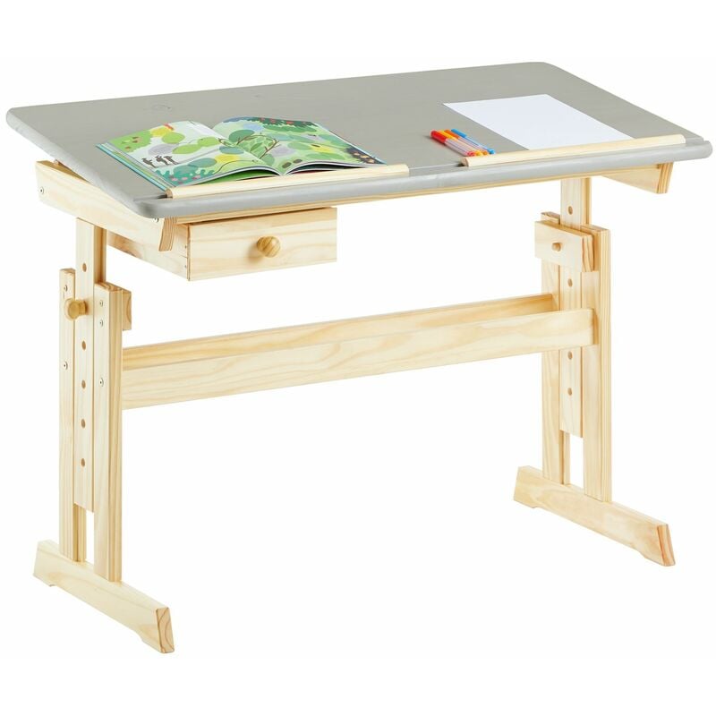 Bureau enfant flexi table à dessin réglable en hauteur et pupitre inclinable avec 1 tiroir, en pin massif vernis naturel et gris - Naturel/Gris