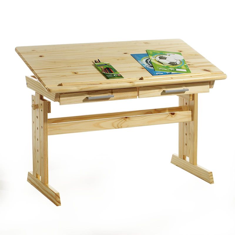 Bureau enfant écolier junior OLIVIA table à dessin réglable en hauteur et pupitre inclinable avec 2 tiroirs en pin massif vernis nat - Naturel