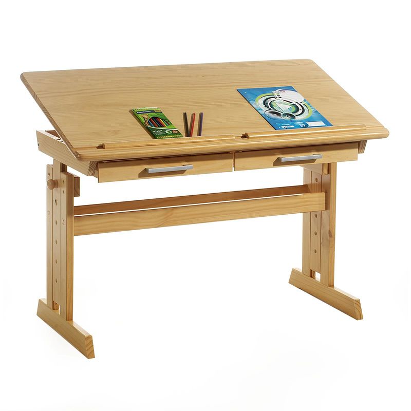Bureau enfant écolier junior olivia table à dessin réglable en hauteur et pupitre inclinable avec 2 tiroirs en pin massif hêtre - Couleur hêtre