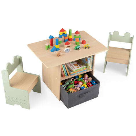 Bureau Enfant avec 2 Chaises, avec 2 Compartiments Ouverts, Tiroir Pliable en Tissu, Coins Arrondis, Patins Antidérapants, pour Enfants 3 Ans+