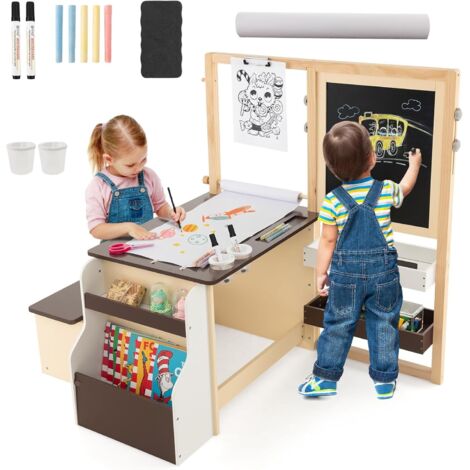 Bureau enfant avec banc, tableau blanc double face réglable en hauteur, 3 étagères, bibliothèque, rouleau de papier, table à dessin Montessori en bois, pour garçons et filles à partir de 3 ans, capaci