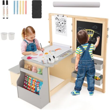Bureau enfant avec banc, tableau blanc double face réglable en hauteur, 3 étagères, bibliothèque, rouleau de papier, table à dessin Montessori en bois, pour garçons et filles à partir de 3 ans, capaci