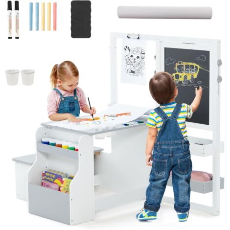 Bureau enfant avec banc, tableau blanc double face réglable en hauteur, 3 étagères, bibliothèque, rouleau de papier, table à dessin Montessori en bois, pour garçons et filles à partir de 3 ans, capaci