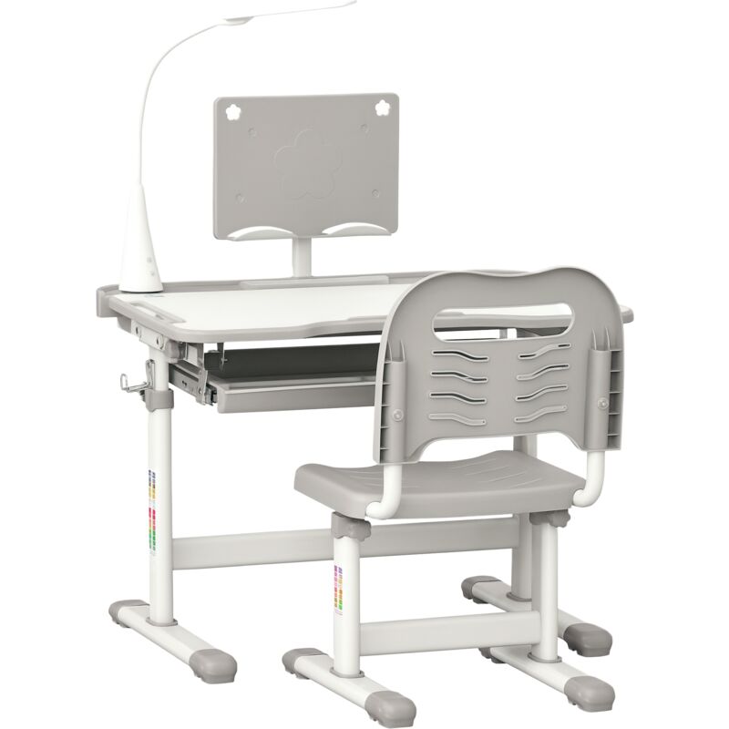 Bureau enfant avec chaise - ensemble bureau et chaise réglable - lampe, support de lecture, tablette coulissante multi-rangement - gris blanc - Gris