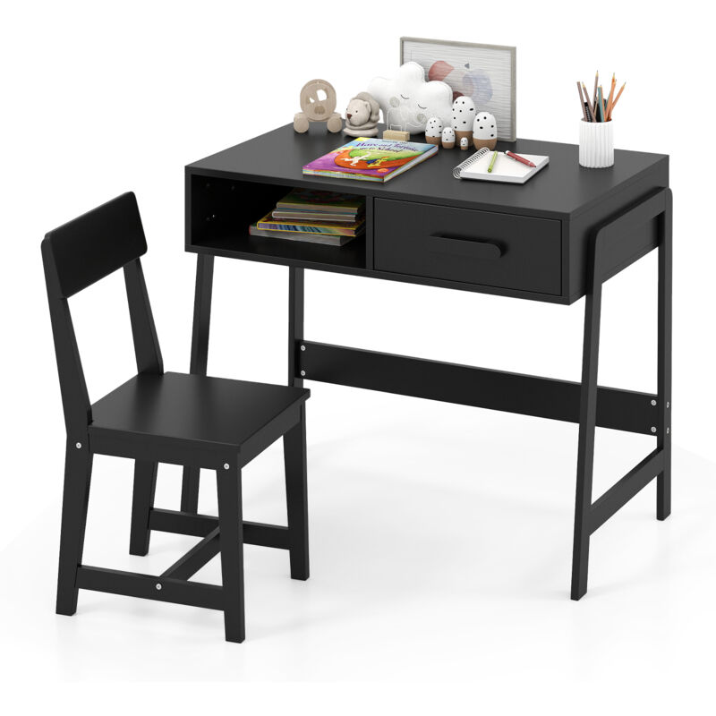 Bureau Enfant avec Chaise, Ensemble Table d'Étude en Bois avec Tiroir de Rangement et Étagère, 85 x 48 x 70 cm, Noir