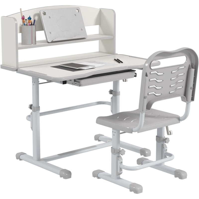 Zonekiz - Bureau enfant avec chaise - ensemble bureau et chaise réglable - support lecture, tablette, étagère - gris blanc