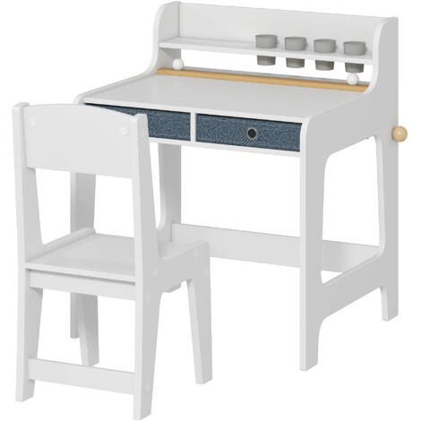 Bureau enfant avec chaise, table enfant et chaise avec 2 tiroirs en tissu et porte-gobelet, 62,8x55,6x73,8cm, blanc