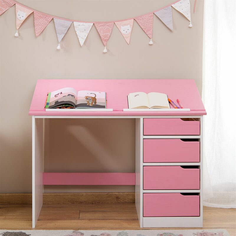 Bureau Enfant Ecolier Junior Emma Pupitre Inclinable Avec 4 Tiroirs En Pin Massif Lasure Blanc Et Rose 7243