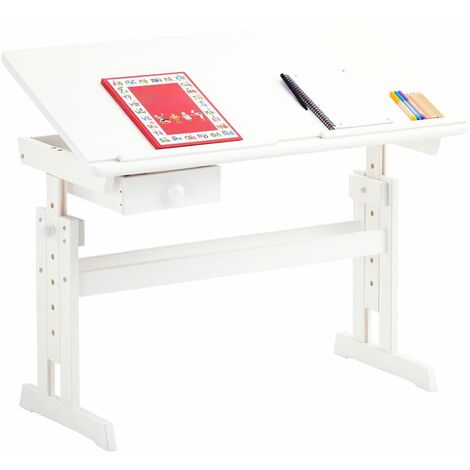 Bureau enfant FLEXI table à dessin réglable en hauteur et pupitre inclinable avec 1 tiroir, en pin massif vernis naturel et gris - Naturel/Gris