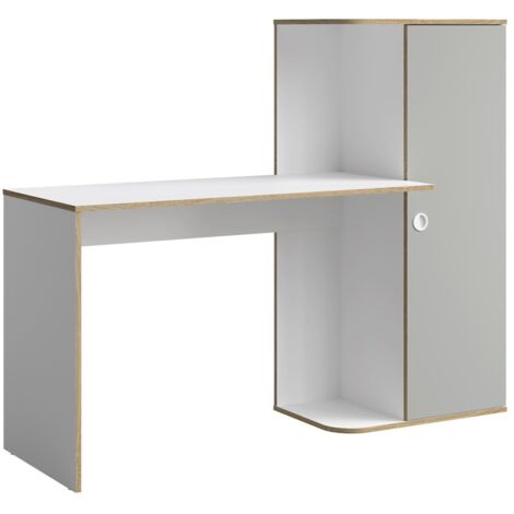 Bureau enfant ELYO – Avec colonne de rangement et 4 niches – Gris, blanc & chêne clair – 160x129x53 cm