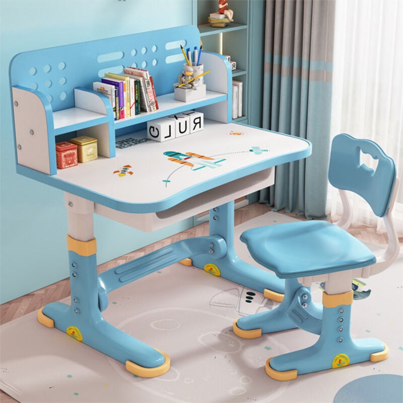 Sinbinta - Bureau Enfant avec Hauteurs Réglables, Ensemble Table et Chaise Enfant, Enfants Table à Dessin Ergonomique avec Tiroir - 603 Bleu Fusée
