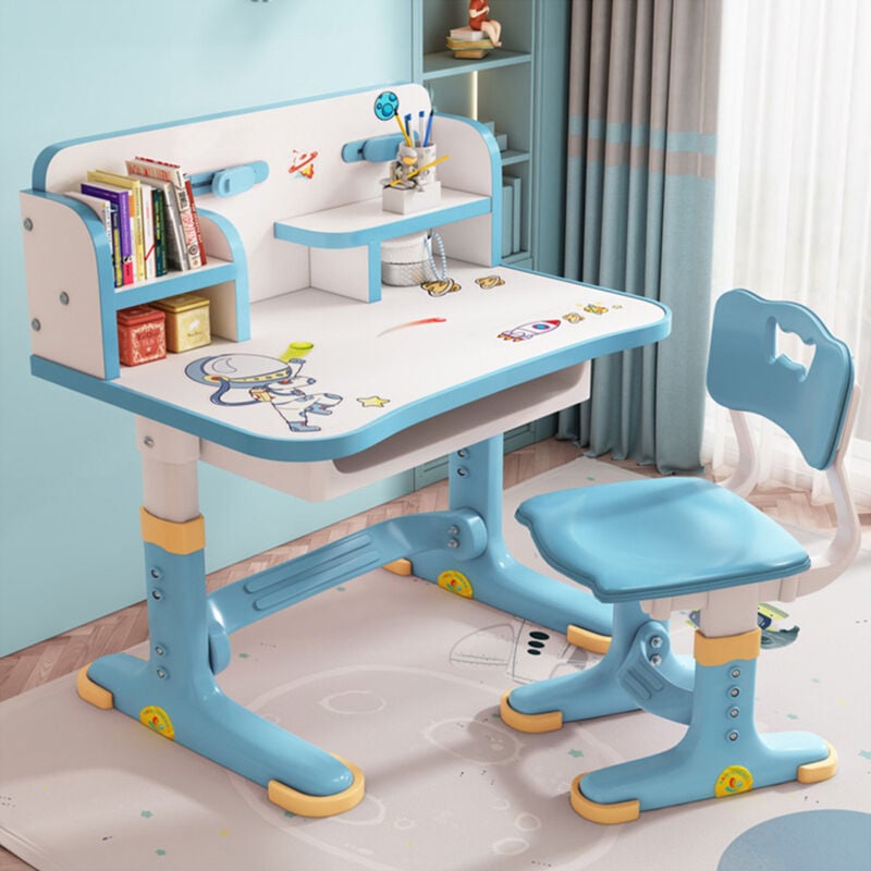 Sinbinta - Bureau Enfant avec Hauteurs Réglables, Ensemble Table et Chaise Enfant, Enfants Table à Dessin Ergonomique avec Tiroir - 602 Space Blue