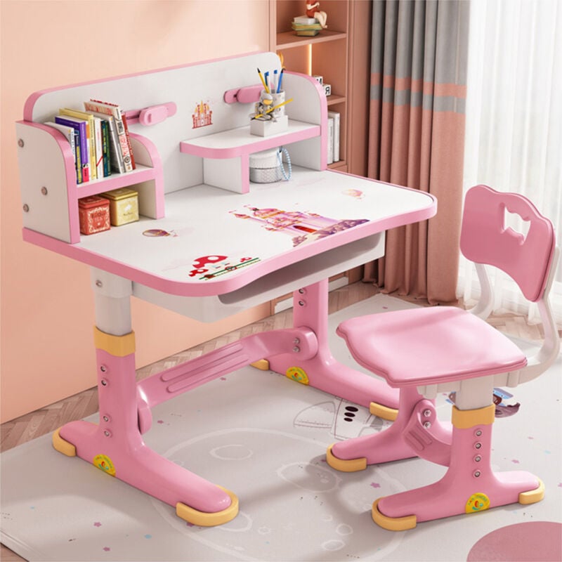 Sinbinta - Bureau Enfant avec Hauteurs Réglables, Ensemble Table et Chaise Enfant, Enfants Table à Dessin Ergonomique avec Tiroir - 602 Château rose