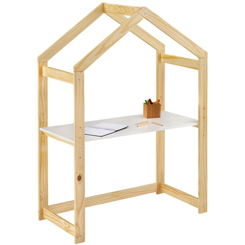 Idimex - Bureau cabane enfant réglable lia Montessori en bois massif - Coloris naturel et blanc