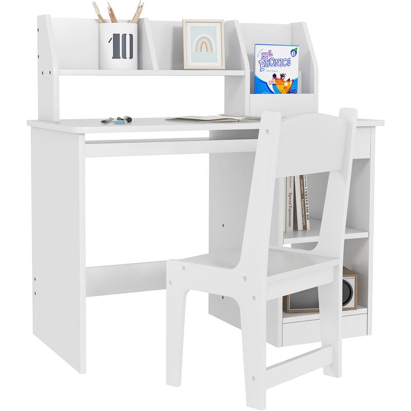 Zonekiz - Bureau enfant multi-rangement - ensemble bureau, chaise, étagère - tiroir, plateau coulissant, 2 niches, 2 étagères, 2 présentoirs livres