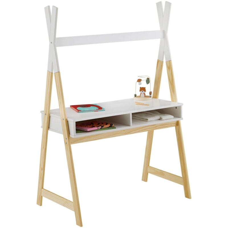 Bureau enfant simi en forme de tipi, avec 2 niches, en pin massif naturel et blanc