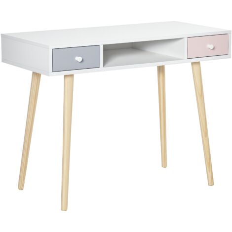 Bureau enfant style scandinave avec tiroir et compartiment de rangement 100L x 48l x 76,5H cm MDF et pin blanc gris et rose