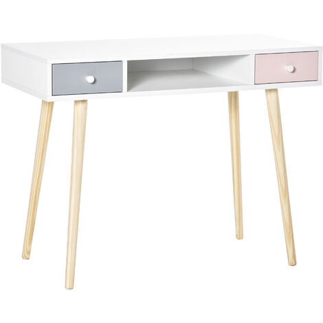 Bureau enfant style scandinave avec tiroir et compartiment de rangement 100L x 48l x 76,5H cm MDF et pin blanc gris et rose - Blanc
