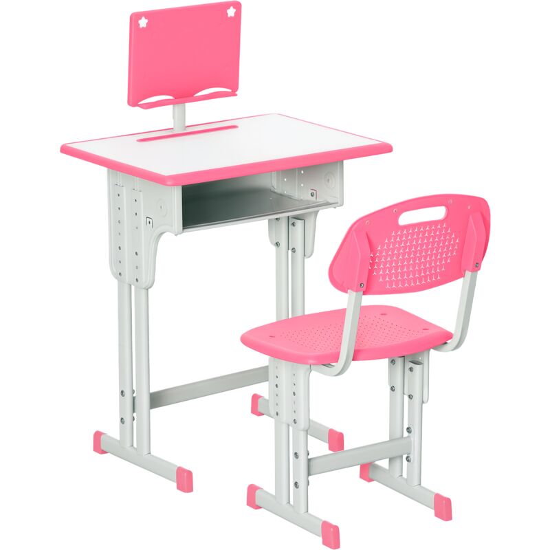 Bureau enfant avec chaise - ensemble bureau et chaise réglable - support de lecture, case - rose blanc