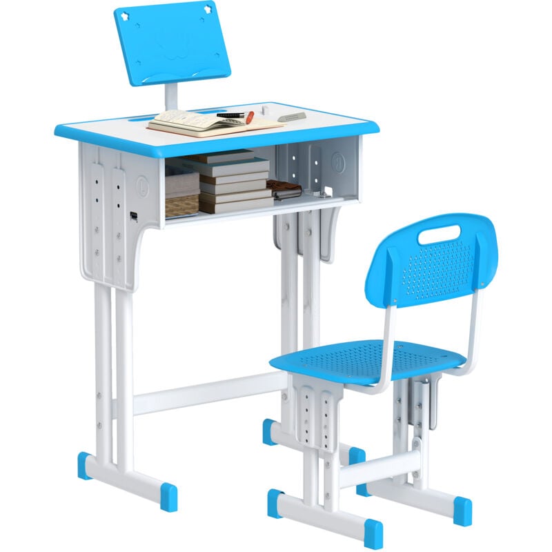 Homcom - Bureau enfant avec chaise - ensemble bureau et chaise réglable - support de lecture, case - bleu blanc