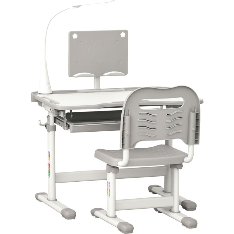 Homcom - Bureau enfant avec chaise - ensemble bureau et chaise réglable - lampe, support de lecture, tablette coulissante multi-rangement - gris blanc