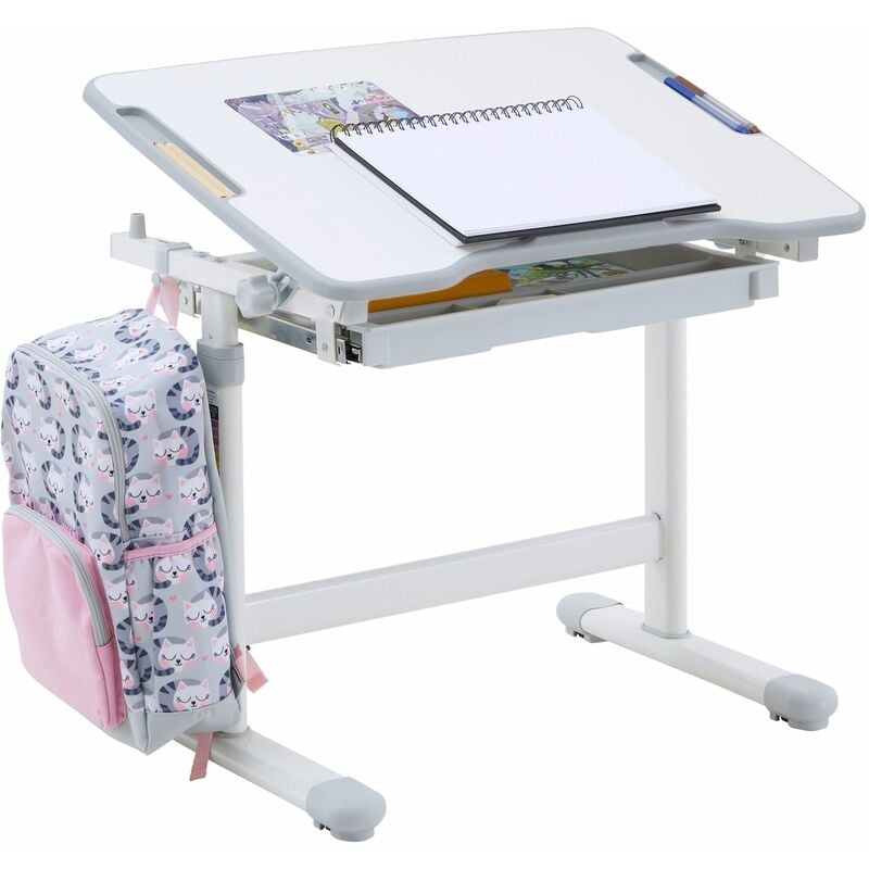 Bureau enfant vita table de travail réglable en hauteur avec plateau inclinable, structure en métal blanc et plastique gris - Blanc/Gris