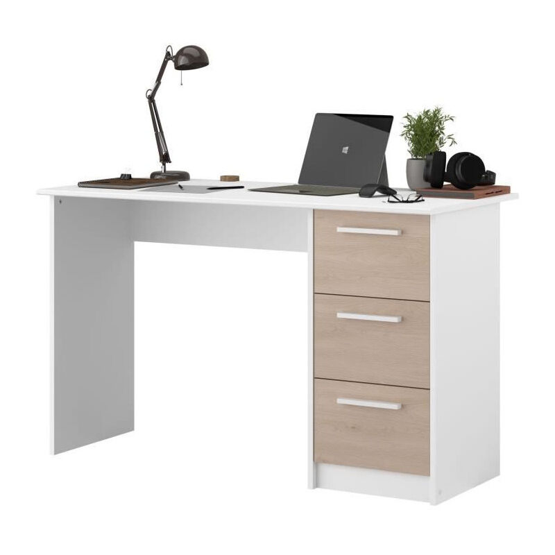 Parisot - Bureau essentiel 3 tiroirs - Décor chene et blanc - l 121,2 x p 55 x h 74,5 cm - Fabriqué en France