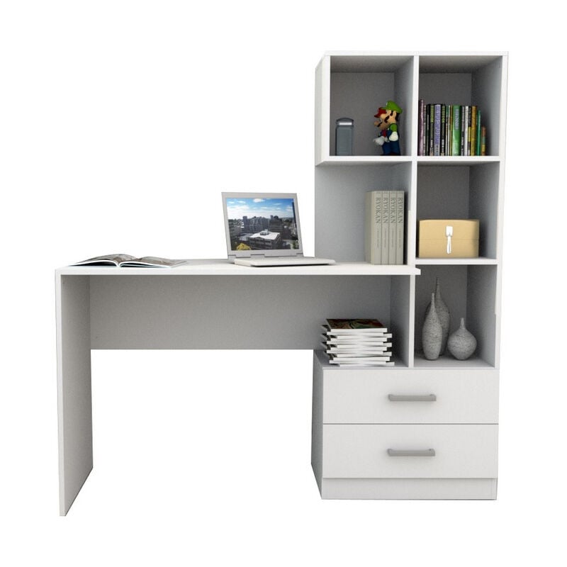 Beaux Meubles Pas Chers - Bureau et Bibliothèque Intégrée 2 Tiroirs 6 Niches Blancs l 108.3 h 130 p 40 cm