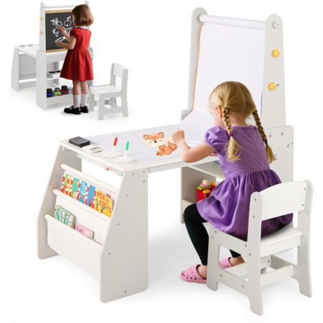 Bureau et Chaises pour Enfants avec Chevalet, Tableau Blanc et Tableau Noir, Rouleau de Papier, 2 Étagères Ouvertes, pour Dessin, Lecture, Gris