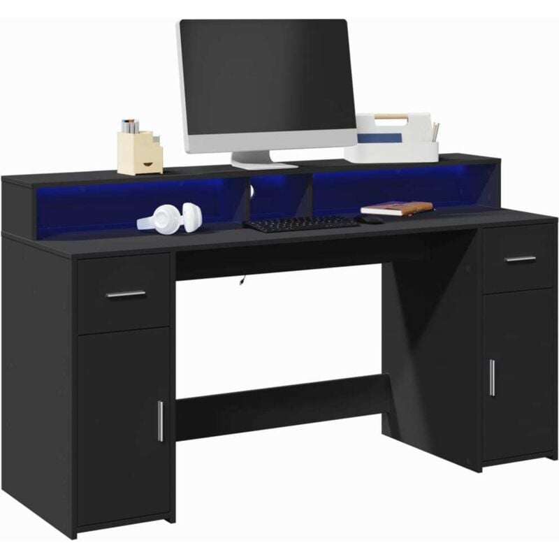 vidaXL Bureau avec lumières LED noir 160x55x91 cm bois d'ingénierie