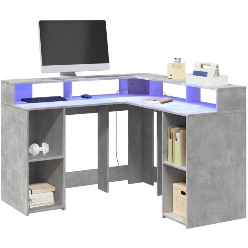 Vidaxl - Bureau et lumières led gris béton 130x130x91cm bois ingénierie