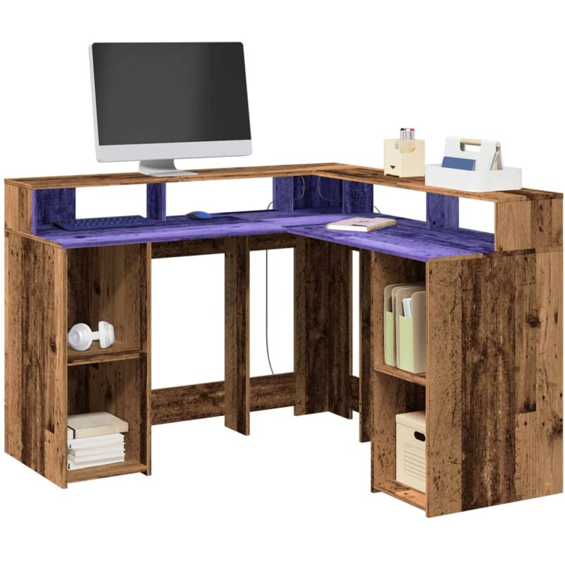 Bureau avec lumières LED vieux bois bois d ingénierie