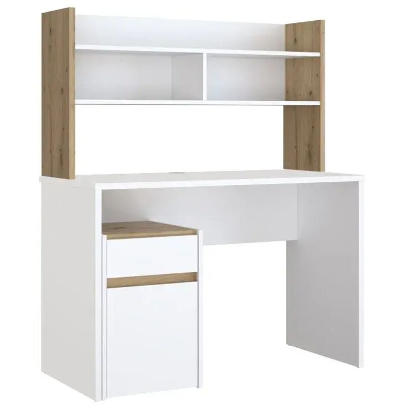 Meubletmoi - Bureau et surmeuble 110 cm blanc mat et décor bois de chêne - odyssée