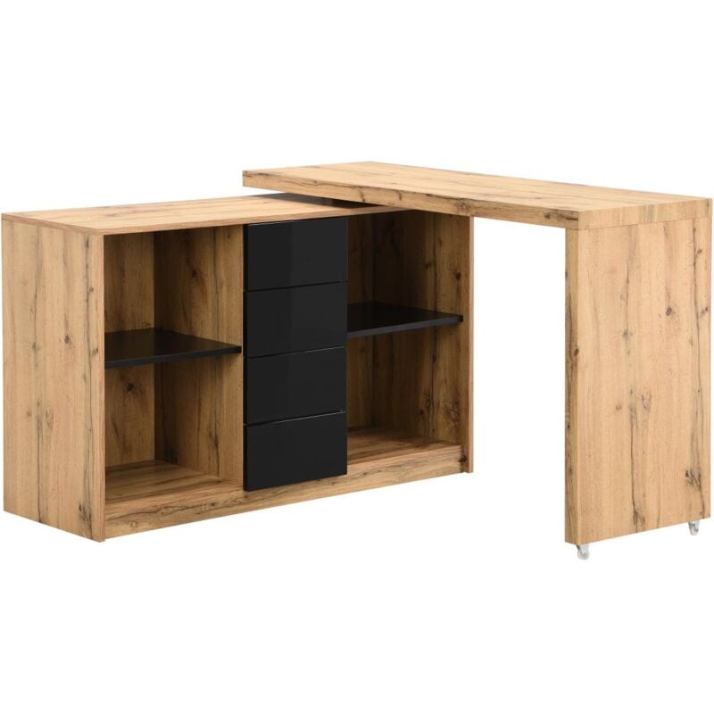 Vente-unique - Bureau extensible avec plateau pivotant 360° - mdf - Naturel et noir - pavelo