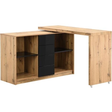 Bureau extensible avec plateau pivotant 360° - MDF - Naturel et noir - PAVELO