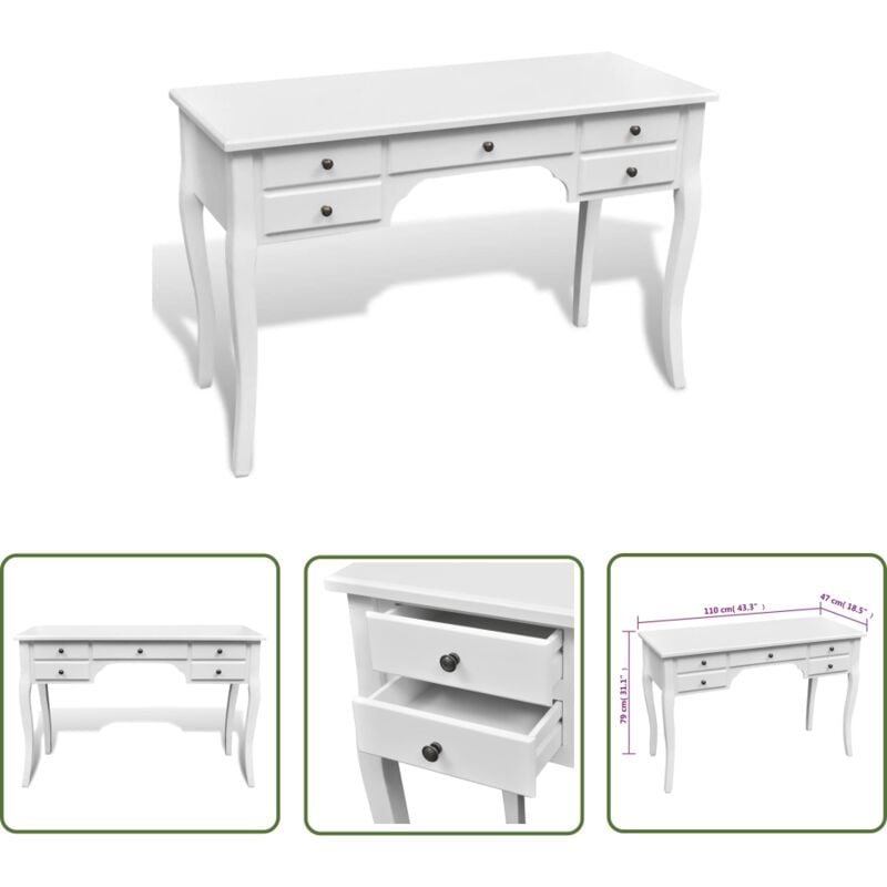 The Living Store Bureau français en bois avec pieds courbés et 5 tiroirs - Bureau En Bois - Bureau Vintage - Bureau Français - Meuble De Bureau