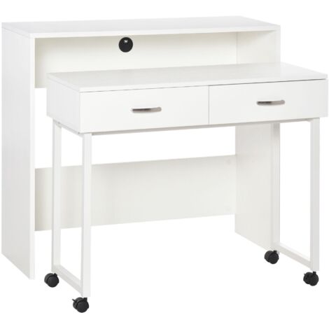 Bureau gain de place, idéal pour la chambre ou le bureau, avec tiroirs et roulettes. Utilisable en version simple ou double. Dimensions : 100 x 36 x 88 cm. Blanc.