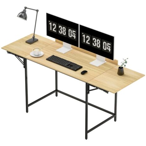 Bureau gamer avec 2 plateaux extensibles, large espace pour écrans, pieds métal robuste, chêne noir, table pliante ordinateur