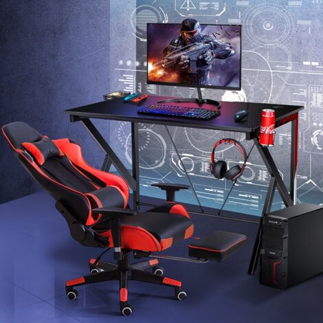Bureau Gamer Bureau de Jeu pour Gaming avec Stockage Vidéo Porte-Gobelet et Crochet 115 x 73 x 76,5 CM DESIGN IN