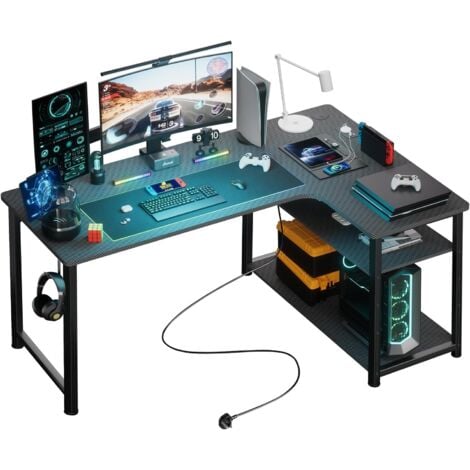 Bureau Gamer en L avec Rangement, Bureau d'Angle Gaming, Table PC Étagères Intégrées, Avec Port USB,Prise, pour Jeu,Travail, Noir