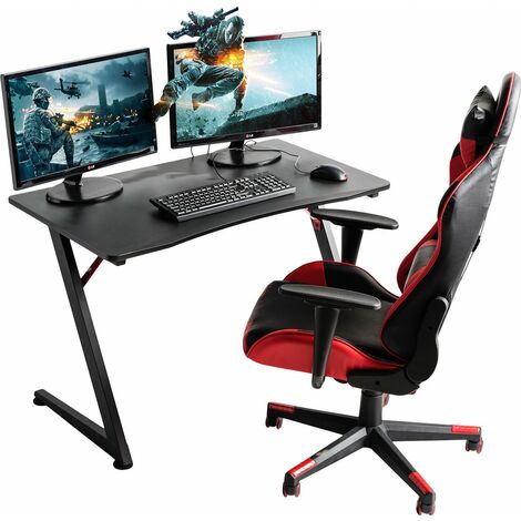 Bureau gamer ergonomique noir – Plateau finition 3D brillante – Pieds en acier pour résistance – Compatible 2 écrans