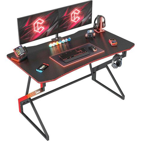 SIRHONA Bureau Gaming Ergonomique de Jeu ​Bureau d'ordinateur PC Gaming en  Fibre avec Eclairage RVB,140x60x75 cm,Porte Gobelet Support Casque