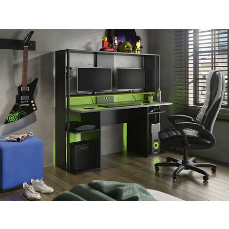 Bureau gamer STANDA - Avec rangements et LEDs - Noir - Noir