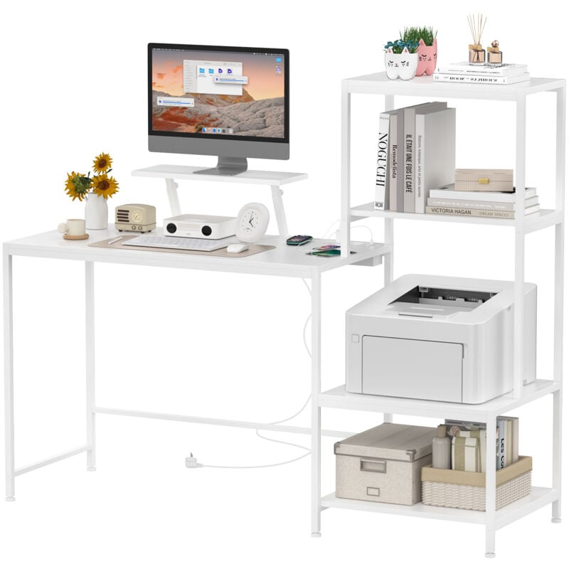 Sifree - Bureau Gamer/Étude 4 Étagères en Planche de Particules Blanc - 98x48x125cm avec Support Écran Réglable, Design Ergonomique pour Espace de