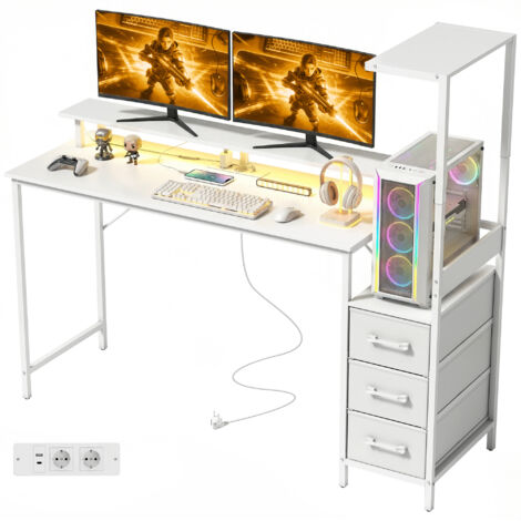 Bureau Gaming 147 cm, Table d'ordinateur avec support CPU réglable et réversible, éclairage RGB, prises électriques, ports USB et USB-C, support écran et 3 tiroirs en tissu, blanc