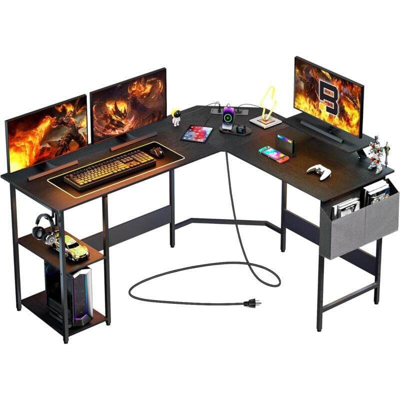 Treetalk - Bureau Gaming avec Barrette d'alimentation - 150x120 cm, Forme l, Table Informatique Angle Réversible, Support d'écran, Grand Espace