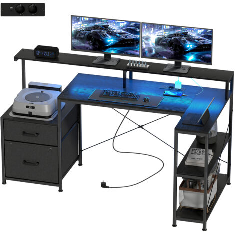 Bureau Gaming avec Espaces de Rangement et 2 Supports pour Écrans, en Bois et Acier, 165x80x91.5 cm, Noir