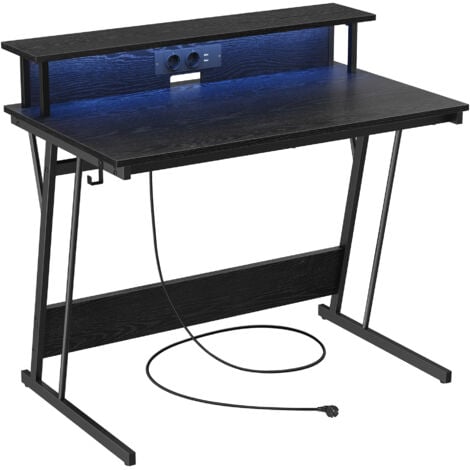 VASAGLE Bureau Gaming avec LED et Multiprise, Table Gamer, Bureau Informatique avec Rehausseur d’Écran, pour 2 Ordinateurs, pour Chambre, 60 x 100 x 75 cm, Noir Boisé