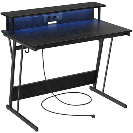 Bureau Gaming avec LED et Multiprise, Table Gamer, Bureau Informatique avec Rehausseur d’Écran, pour 2 Ordinateurs, pour Chambre, 60 x 100 x 75 cm, Noir Boisé