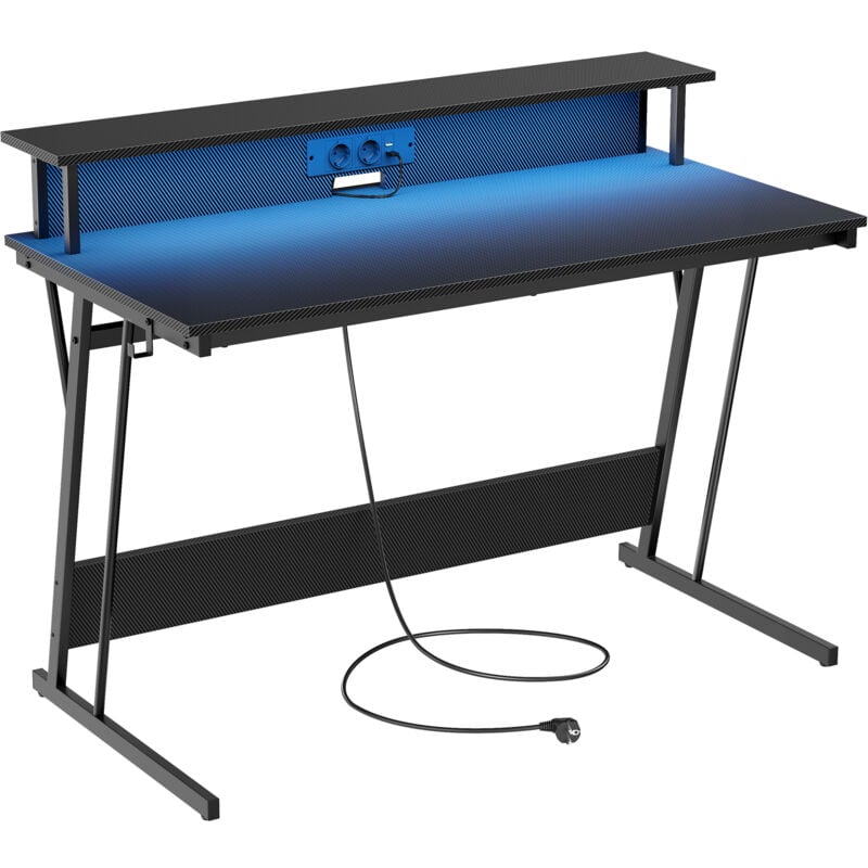 VASAGLE Bureau Gaming avec LED et Multiprise, Table Gamer, Bureau Informatique avec Rehausseur d’Écran, pour 2 Ordinateurs, pour Chambre, 60 x 120 x